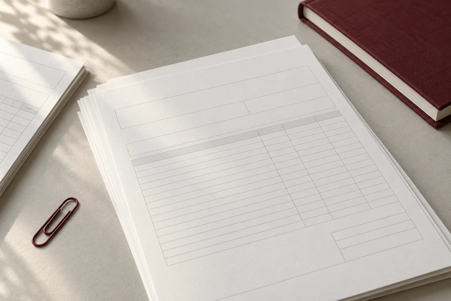 Doğal ışıkta düzenlenmiş belgeler ve bordo defter